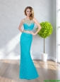 2015 Pretty Column Bateau Beading and Lace Bridesmaid Dresses in Baby Blue