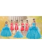 Pick Ups Floor Length Baby Blue Quinceanera Dress and Watermelon Halter Top Sash Dama Dresses and Pretty Ruffles Little Girl Dress