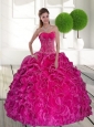 2015 Custom Made Hot Pink Quinceanera Gown with Ruffles and Appliques