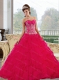 Custom Made Sweetheart 2015 Red Quinceanera Gown with Appliques and Ruffles