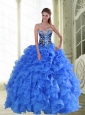 2015 Perfect Beading and Ruffles Strapless Sweet 16 Dresses in Blue