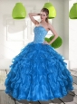 2015 Pretty Blue Quinceanera Dress with Ruffles and Beading