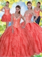 2015 Elegant Beading and Ruffles Quinceanera Dresses in Coral Red
