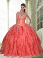 2015 Pretty Beading and Ruffles Coral Red Quinceanera Dresses with Sweetheart