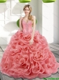 Custom Made Beading and Rolling Flowers 2015 Watermelon Sweet 15 Dresses