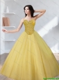 Perfect Tulle Beading Sweetheart Gold Quinceanera Dresses for 2015