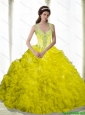 2015 Puffy Yellow Beading and Ruffles Sweetheart Quinceanera Dresses