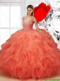 Pretty 2015 Summer V Neck Beaded Quinceanera Dresses in Orange Red