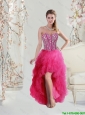 2016 Elegant High Low Sweetheart Beaded and Ruffles Prom Dresses in Hot Pink