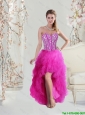 2016 Inexpensive High Low Sweetheart Fuchsia Prom Dresses with Beading and Ruffles