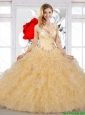 Elegant Straps Beaded and Ruffles Quinceanera Dress in Champagne