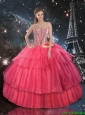 2015 Winter Perfect Hand Made Flowers Coral Red Quinceanera Dresses with Beading