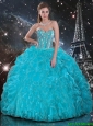 Luxurious 2015 Fall Aqua Blue Sweetheart Quinceanera Gowns with Beading and Ruffles
