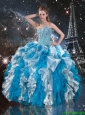 Luxurious 2015 Fall Beaded White and Blue Sweet 16 Gowns with Ruffles