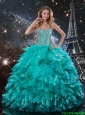 2016 Summer Discount Brush Train Turquoise Quinceanera Dresses with Beading and Ruffles