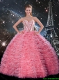 2016 Summer Popular Ball Gown Beaded Rose Pink Quinceanera Dresses with Ruffles
