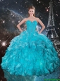 2016 Winter Perfect Sweetheart Teal Quinceanera Gowns with Ruffles and Beading