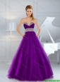 2015 Fall Gorgeous A Line Beaded Purple Prom Dresses with Brush Train