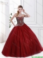 Popular Strapless Beaded Sweet 16 Gowns in Wine Red