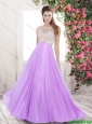 2015 Pretty Bateau Open Back Brush Train Prom Dresses in Lilac