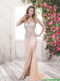 2015 Hot Sale Beaded and High Slit Prom Dresses with Brush Train