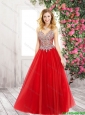 Best Selling Discount A Line V Neck Red Prom Dresses with Beading