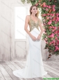 Best Selling Inexpensive Brush Train Beaded Prom Dresses in White
