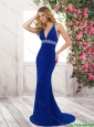 New Arrivals Cheap Mermaid Brush Train Blue Prom Dresses with Beading