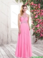 2016 Classical Luxurious Summer High Neck Rose Pink Long Prom Dresses with Beading