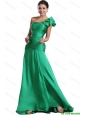 Discount Brush Train Ruched Green Prom Dresses with One Shoulder