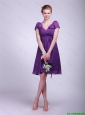 Brand New Short V Neck Ruching Purple Cap Sleeves Prom Dresses for 2016