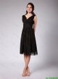Fashionable Ruched Black Chiffon Prom Dresses with V Neck