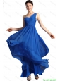 Popular Blue Empire One Shoulder Prom Dresses with Ankle Length