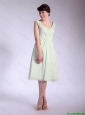Popular V Neck Ruched Prom Dresses with Tea Length