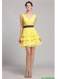 Best Selling Short V Neck Ruffled Layers Prom Gown in Yellow