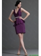 Most Popular V Neck Short Eggplant Purple Prom Dresses with Beading