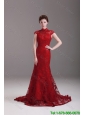 Exquisite Cap Sleeves Mermaid Wine Red Wedding Dresses with Brush Train