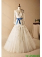 Custom Made A Line High Neck Appliques Wedding Dresses with Ribbons