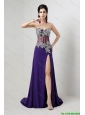 Popular Brush Train Prom Dresses with Beading and High Slit 2016