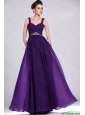 Perfect Straps Purple Prom Gowns with Ruching and Beading