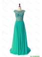Cheap New Style Bateau Beading Brush Train Prom Dress in Turquoise