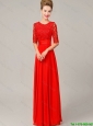 Fashionable Scoop Laced Red Prom Dresses with Half Sleeves