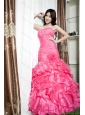 Affordable Beading and Ruffles Mermaid Prom Dresses in Coral Red