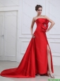 Exquisite Straples Beading and Bowknot Red Prom Dresses with Brush Train