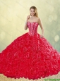 2016 New Style Brush Train Rolling Flowers Quinceanera Dresses in Red