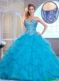 Exquisite 2016 Aqua Blue Sweet 16 Gowns with Beading and Ruffles