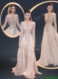 Cheap Brush Train Champagne Modest Prom Dresses with Beading
