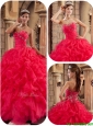 Puffy  Coral Red Ball Gown Floor Length Ruffles Quinceanera Dresses