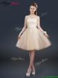 Fashionable Strapless Lace Champagne Modest Prom Dresses