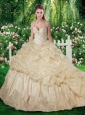 Sweet Brush Train Champange Sweet 16 Gowns with Beading for Fall